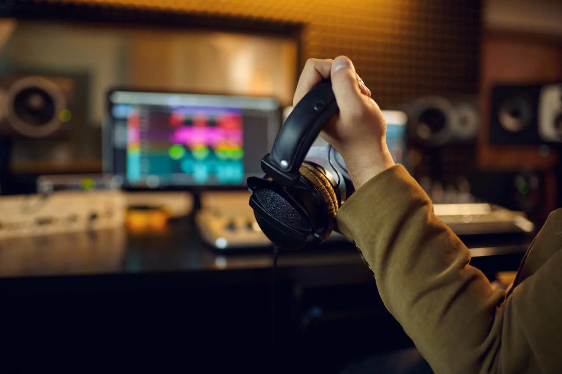 Sound engineer holding headphones in a professional recording studio
