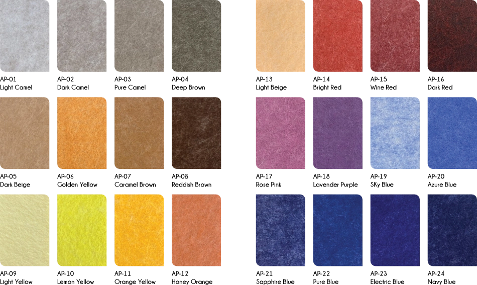 AcousPanel Colour Series AP-01 to AP-24: Light Camel, Dark Camel, Pure Camel, Deep Brown, Dark Beige, Golden Yellow, Caramel Brown, Reddish Brown, Light Yellow, Lemon Yellow, Orange Yellow, Honey Orange, Light Beige, Bright Red, Wine Red, Dark Red, Rose Pink, Lavender Purple, Sky Blue, Azure Blue, Sapphire Blue, Pure Blue, Electric Blue, Navy Blue
