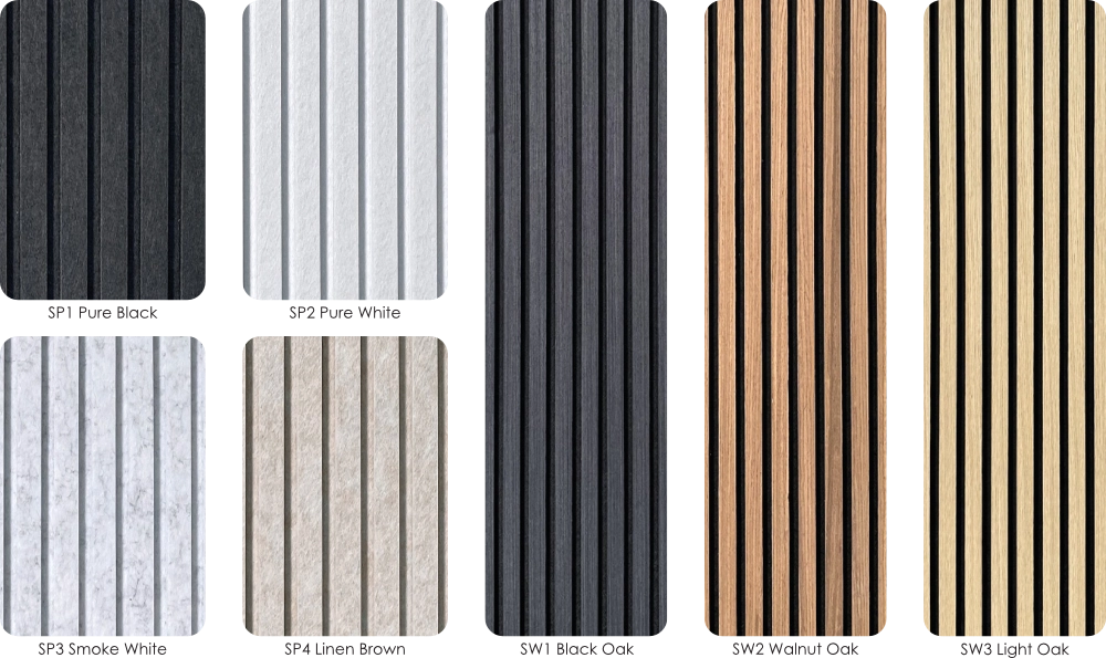 AcousPanel Slatted Series: SP1 Pure Black, SP2 Pure White, SP3 Smoke White, SP4 Linen Brown, SW1 Black Oak, SW2 Walnut Oak, SW3 Light Oak