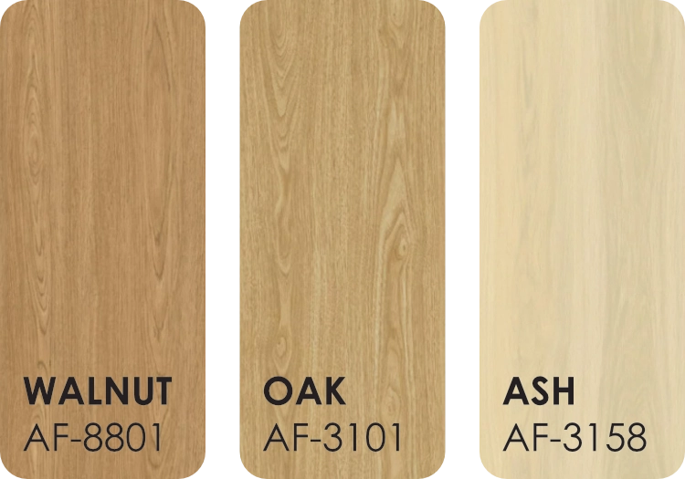 Kemasan SG-AF: Walnut (AF-8801), Oak (AF-3101), dan Ash (AF-3158)